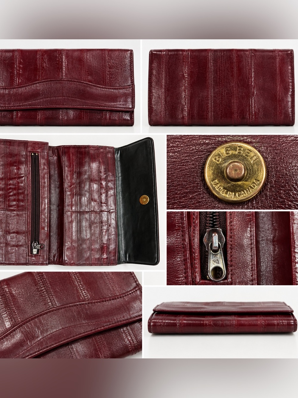 Vintage Big Ben Burgundy Genuine Eel Skin Leather Long Wallet Made in Canada